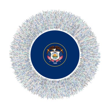 Renkli ışınlı Utah bayrağı. Radyasyon işareti. Utah bayrağıyla parlayan güneş patlaması. Parlak vektör illüstrasyonu.