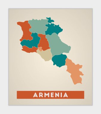 Ermenistan posteri. Renkli bölgeleri olan bir ülke haritası. Ermenistan 'ın ülke ismine sahip şekli. Cool vektör illüstrasyonu.