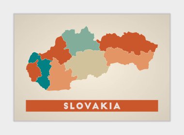 Slovakya posteri. Renkli bölgeleri olan bir ülke haritası. Slovakya 'nın ülke adıyla şekillendirilmiş hali. Moda vektör illüstrasyonu.