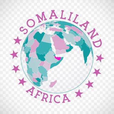 Somalili yuvarlak logo. Dünya bağlamında Somaliland haritalı bir ülke rozeti. Üzerinde dünya haritası ve yuvarlak metin olan ülke etiketi. Vektör illüstrasyonu çağrıştırılıyor.