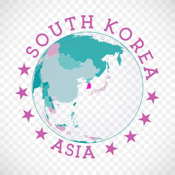 韓国ラウンドロゴ 世界的な文脈で韓国の地図を持つ国のバッジ 世界地図と丸テキストの国ステッカースタンプ 現代のベクトルイラスト — ストックベクタ