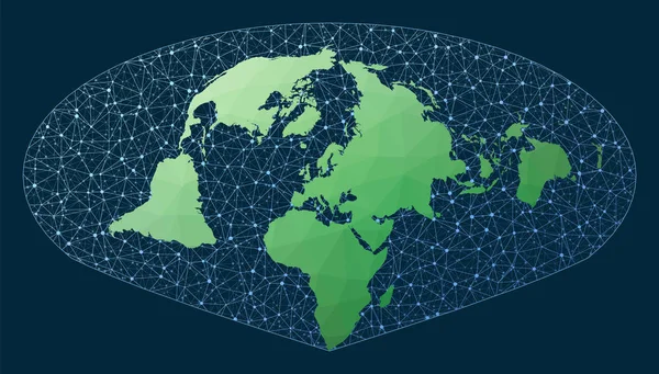 Illustration du réseau mondial Sinu Mollweide projection Carte du monde verte low poly avec réseau — Image vectorielle