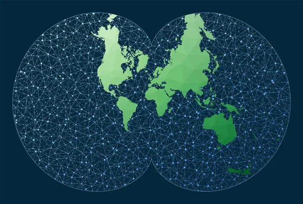 具有网络背景的世界地图连接艾森劳尔投影绿色低密度多路世界地图 — 图库矢量图片