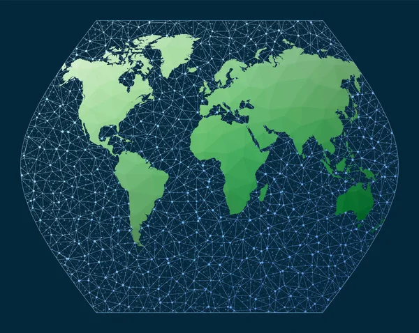 世界地図接続ギンツブルグ8投影ネットワーク背景を持つ緑の低ポリ世界地図 — ストックベクタ