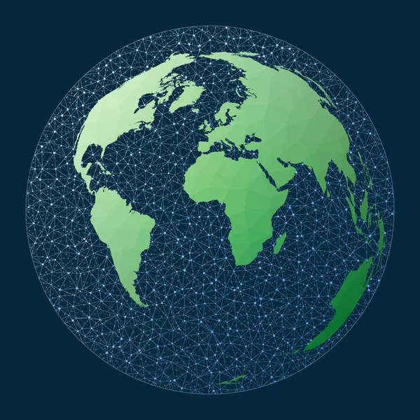 Conexión de mapa del mundo Proyección de Azimuthal Equal Área Green low poly world map with network — Vector de stock