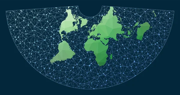 Conexión de mapa del mundo Cónico Proyección equivalente Verde bajo poli mapa del mundo con red — Vector de stock