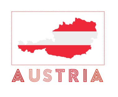 Avusturya Logosu. Avusturya haritası, ülke adı ve bayrağı. Etkileyici vektör illüstrasyonu.