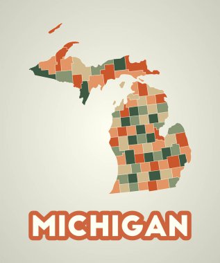 Michigan posteri eski moda. Amerika 'nın sonbahar renk paletindeki bölgelerinin haritası. Michigan 'ın şekli ve eyalet adımız. Büyüleyici vektör illüstrasyonu.