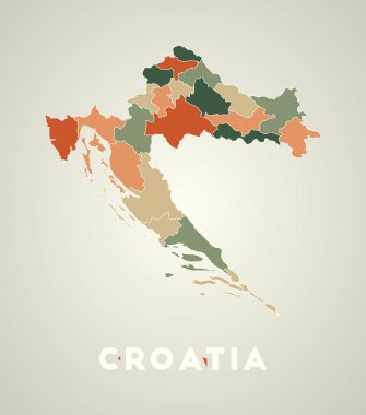 Hırvatistan 'ın eski tarz posterleri. Sonbahar renk paletinde bölgeleri olan ülke haritası. Hırvatistan 'ın ülke ismine sahip şekli. Büyüleyici vektör illüstrasyonu.