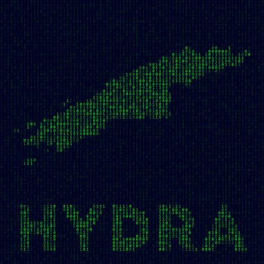 Dijital Hydra logosu. Hacker tarzında ada sembolü. Ada isimli Hydra 'nın ikili kod haritası. Zarif vektör illüstrasyonu.