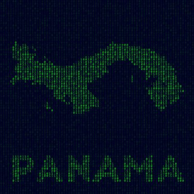 Dijital Panama logosu. Hacker tarzında bir ülke sembolü. Panama 'nın ülke isimli ikili kod haritası. Parlak vektör illüstrasyonu.