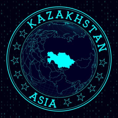Kazakistan yuvarlak işareti. Kazakistan 'ın merkezindeki dünyanın gelecekteki uydu görüntüsü. Haritalı ülke rozeti, yuvarlak metin ve ikili arkaplan. Güçlü vektör illüstrasyonu.