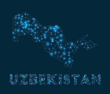 Özbekistan ağ haritası. Ülkenin soyut geometrik haritası. İnternet bağlantıları ve telekomünikasyon tasarımı. Üstün vektör illüstrasyonu.