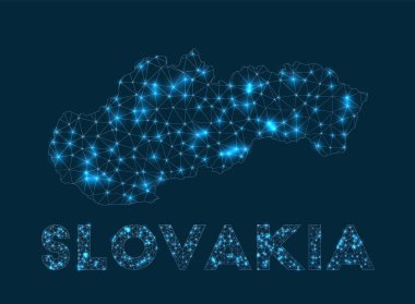 Slovakya ağ haritası. Ülkenin soyut geometrik haritası. İnternet bağlantıları ve telekomünikasyon tasarımı. Canlı vektör illüstrasyonu.