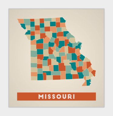 Missouri posteri. Amerika 'nın renkli bölgeleriyle ilgili haritası. Missouri 'nin şekli ve eyalet adımız. Otantik vektör illüstrasyonu.