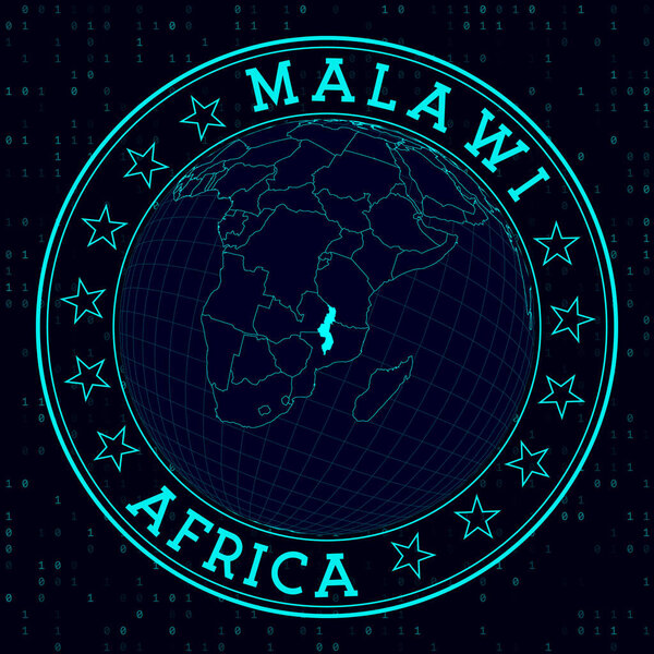 Malawi round sign. Futuristic satelite view of the world centered to Malawi. Country badge with map, round text and binary background. Trendy vector illustration.