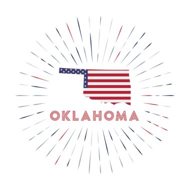 Oklahoma güneş patlaması rozeti. Amerikan bayrağıyla birlikte Oklahoma haritalı ABD işareti. Logonun etrafına renkli ışınlar. Vektör illüstrasyonu.