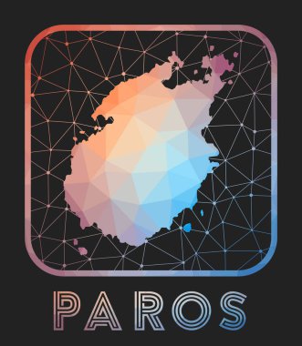 Paros harita tasarımı. Adanın düşük vektör poli haritası. Geometrik tarzda paros simgesi. Adanın çokgenli şekli ve koyu arkaplan örgüsü.