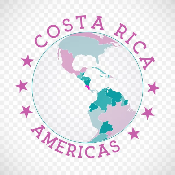 Costa Rica logotipo redondo emblema do país com mapa de Costa Rica no contexto mundial etiqueta do país — Vetor de Stock