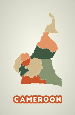 Kamerun posteri eski moda. Sonbahar renk paletinde bölgeleri olan ülke haritası. Kamerun 'un ülke ismine sahip şekli. Güçlü vektör illüstrasyonu.