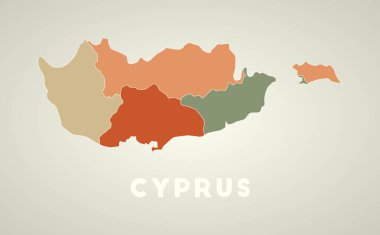 Kıbrıs posteri eski moda. Sonbahar renk paletinde bölgeleri olan ülke haritası. Kıbrıs 'ın ülke adıyla şekillendirilmiş hali. İnanılmaz vektör illüstrasyonu.