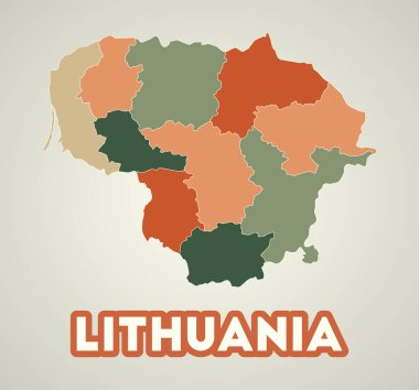 Litvanya posteri eski moda. Sonbahar renk paletinde bölgeleri olan ülke haritası. Litvanya 'nın ülke adıyla şekillendirilmiş hali. Klas vektör illüstrasyonu.