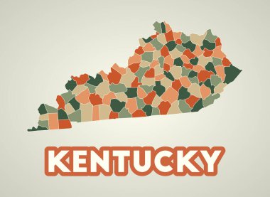 Kentucky posteri eski moda. Amerika 'nın sonbahar renk paletindeki bölgelerinin haritası. Kentucky 'nin şekli ve eyalet adımız. Otantik vektör illüstrasyonu.