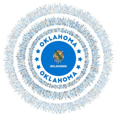 Oklahoma sembolü. Renkli vatozlarla bayrak sallayın. Oklahoma bayrağıyla parlayan güneş patlaması. Şaşırtıcı vektör çizimi.