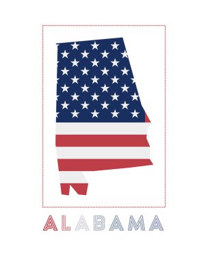 Alabama Logosu. Alabama haritasında adımız ve bayrağımız var. Cool vektör illüstrasyonu.