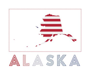 Alaska Logosu. Alaska haritasında eyalet adımız ve bayrağımız var. Etkileyici vektör illüstrasyonu.
