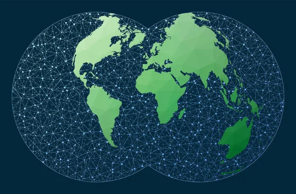 全球网络概念 Nicolosi投影 具有网络背景的绿色低密度多路世界地图 请求连接的全球提供信息图形或演示 矢量说明 — 图库矢量图片