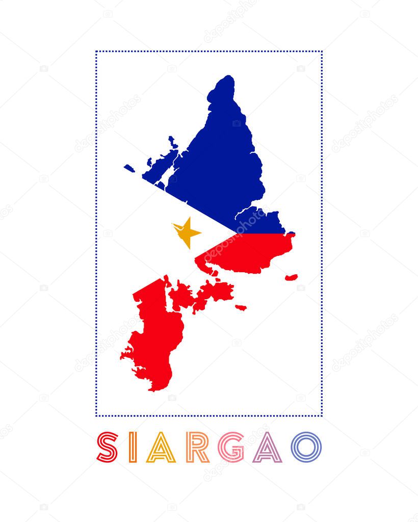 Siargao Logo. Map of Siargao with island name and flag. Charming vector illustration.