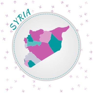 Suriye haritası tasarımı. Zümrüt-ametist renk paleti olan ülke haritası. Suriye 'ye gidiş dönüş afişi, ülke adı ve uçak geçmişi. Sanatsal vektör illüstrasyonu.
