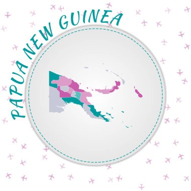 Papua Yeni Gine haritası tasarımı. Zümrüt-ametist renk paleti olan ülke haritası. Papua Yeni Gine posteri ülke adı ve uçak arkaplanlı..
