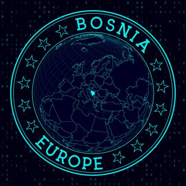Bosna yuvarlak işareti. Bosna 'nın merkezindeki dünyaya dair fütürist uydu görüşü. Haritalı ülke rozeti, yuvarlak metin ve ikili arkaplan. Tarz vektör illüstrasyonu.