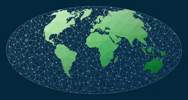 Netzwerkkarte Der Welt Aitoff Projektion Grüne Low Poly Weltkarte Mit — Stockvektor