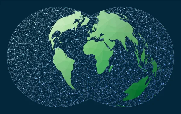 世界地图连接 矩形多边形投影 具有网络背景的绿色低密度多路世界地图 迷人的连接的全球信息图形或演示 — 图库矢量图片