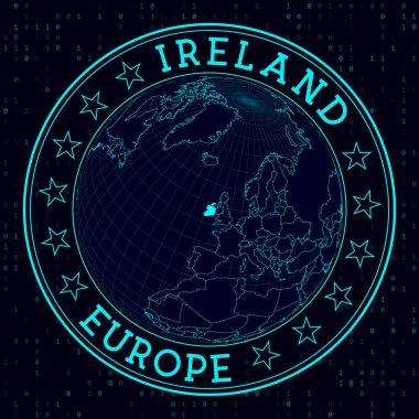 Ireland round sign. Futuristic satelite view of the world centered to Ireland. Country badge with map, round text and binary background. Beautiful vector illustration.