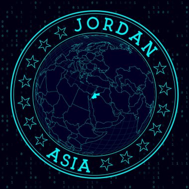 Jordan round sign. Futuristic satelite view of the world centered to Jordan. Country badge with map, round text and binary background. Modern vector illustration.