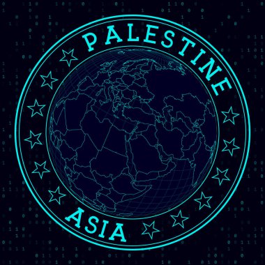 Palestine round sign. Futuristic satelite view of the world centered to Palestine. Country badge with map, round text and binary background. Trendy vector illustration.