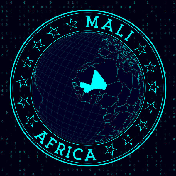 Mali round sign. Futuristic satelite view of the world centered to Mali. Country badge with map, round text and binary background. Modern vector illustration.