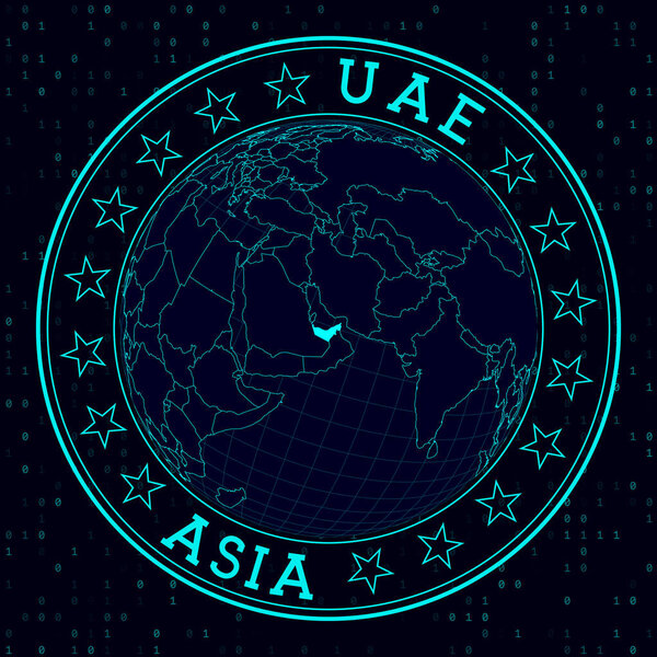 UAE round sign. Futuristic satelite view of the world centered to UAE. Country badge with map, round text and binary background. Astonishing vector illustration.