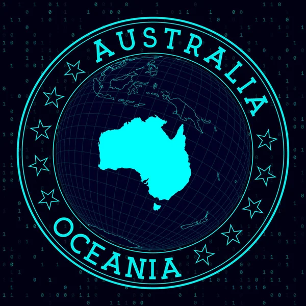 オーストラリアのラウンドサイン オーストラリアを中心とした世界の未来的衛星観 丸テキストとバイナリの背景を持つ国のバッジ ベクトル図の魅力 — ストックベクタ