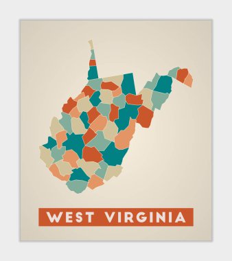 West Virginia poster. Map of the us state with colorful regions. Shape of West Virginia with us state name. Captivating vector illustration.