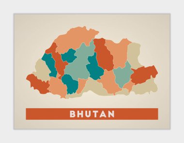 Bhutan poster. Map of the country with colorful regions. Shape of Bhutan with country name. Captivating vector illustration.