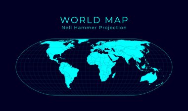 Map of The World NellHammer projection Futuristic Infographic world illustration Bright cyan clipart