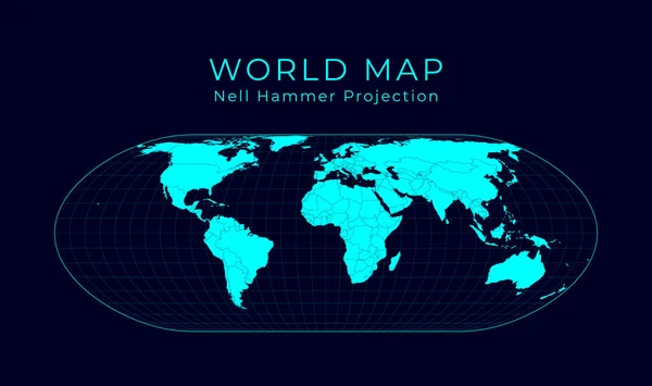 Mappa del Mondo NellHammer proiezione Futuristica Infografica mondo illustrazione Luminoso ciano — Vettoriale Stock