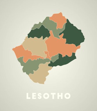 Lesotho poster in retro style Map of the country with regions in autumn color palette Shape of