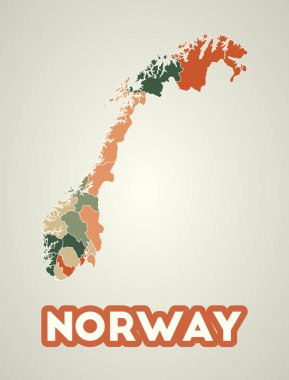 Norway poster in retro style. Map of the country with regions in autumn color palette. Shape of Norway with country name. Awesome vector illustration.