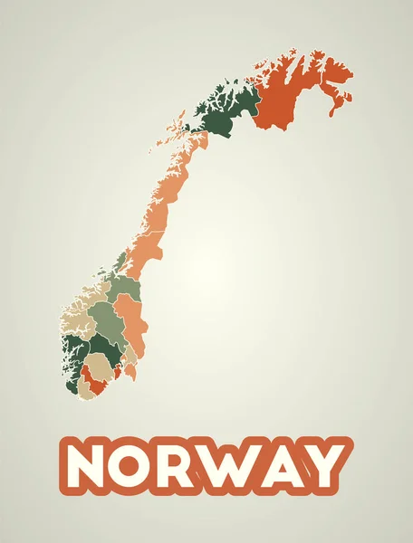 Cartel Noruega Estilo Retro Mapa Del País Con Regiones Otoño — Archivo Imágenes Vectoriales